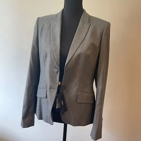 BOSS HUGO BOSS Jadena Jacket Blazer Stretch Wool Two Button Gray - Picture 3 of 10